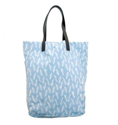 Blue Linen Tote with Leather Straps